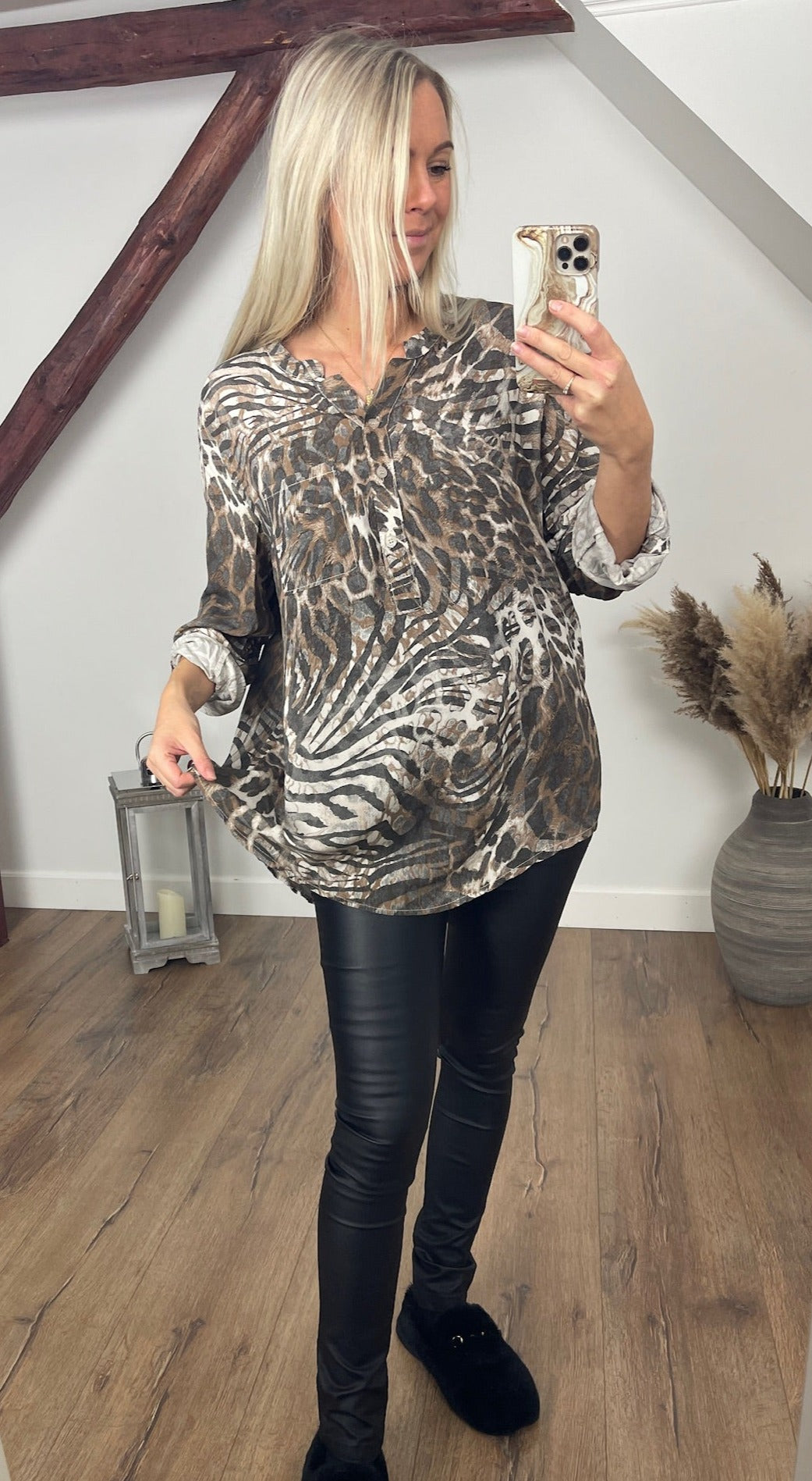 BY ANGELE Taupe Print CALINABA Bluse