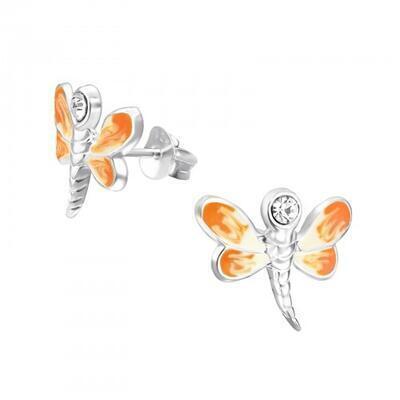 Ørestikker Dragonfly Orange med krystal Sterling Silver 925